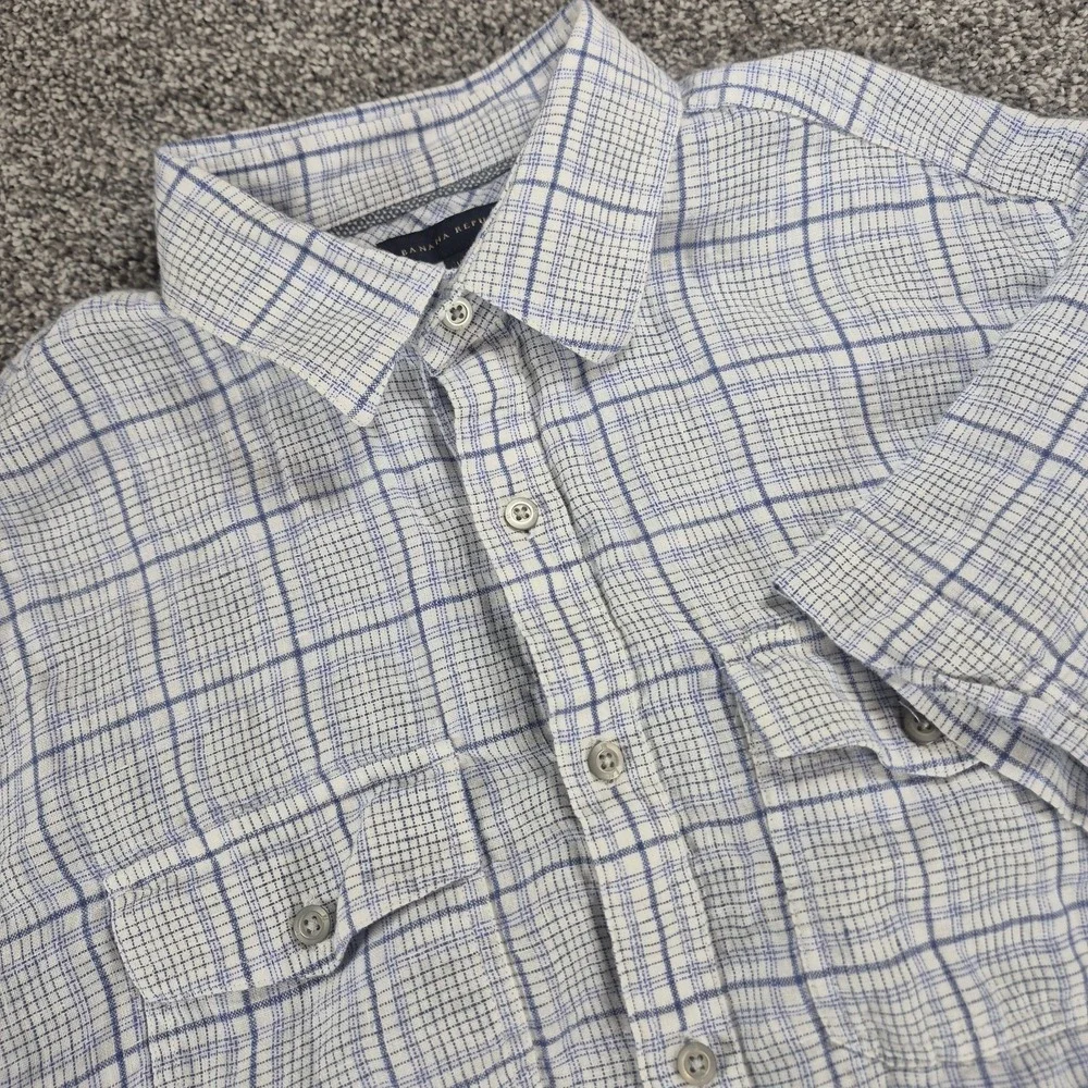 Banana Republic Linen Button Up Shirt Men's Medium Blue Plaid Short Sleeve‎
